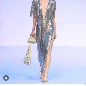 Silver Sequin Gown with Fringe Clutch
